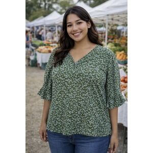 Jones New York JNY Blouse Women 2X Floral Ruffle 3/4 Sleeve Cottagecore Casual